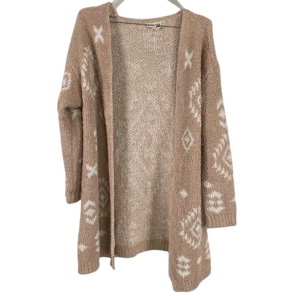 Savanna Jane Cardigan Sweater Womens Medium Tan Beige Aztec Open Front Fuzzy